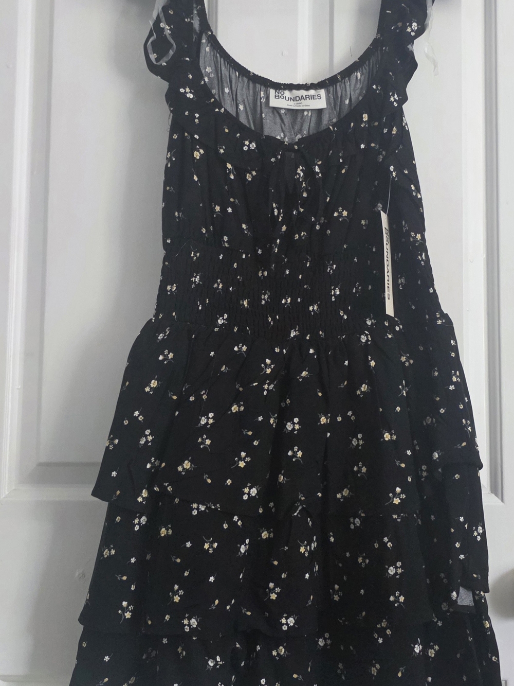 George Black Floral Tiered Romper with Ruffle Straps and Yellow Accents